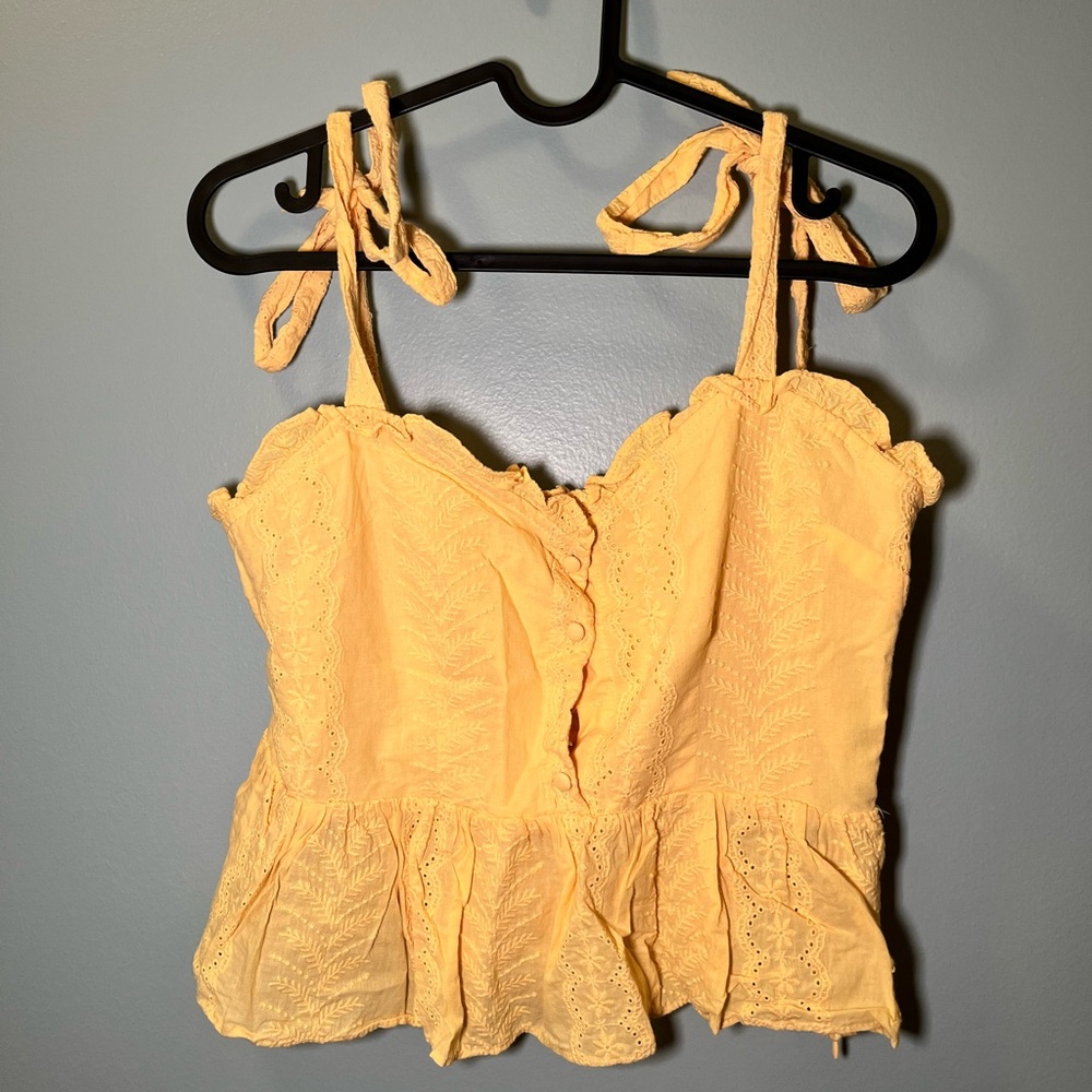 yellow eyelet tie shoulder women's top